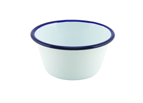 Emaille ovenschaal rond met blauwe rand 12 cm